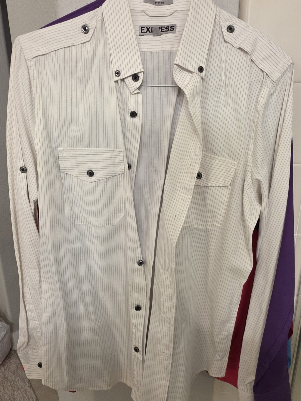 Express Men's White Shirt with Subtle Gray Pinstripes